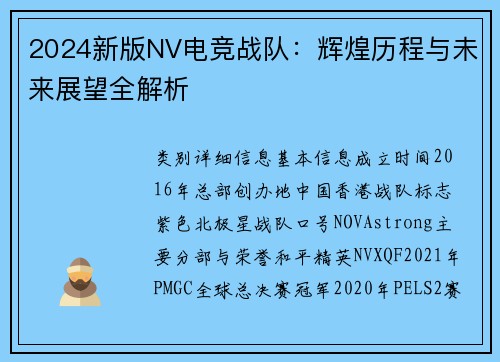 2024新版NV电竞战队：辉煌历程与未来展望全解析